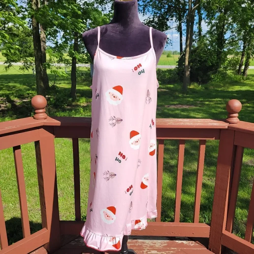 Womens Pink Christmas Santa & Letter Graphic Ruffle Hem Mini Night Dress Size XL